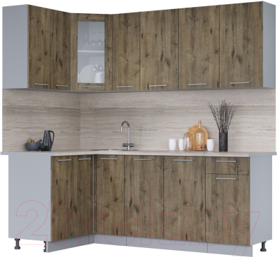 Кухонный гарнитур Интерлиния Мила 12x21 (дуб веллингтон/дуб веллингтон/травертин серый) - фото