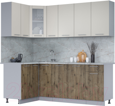 Кухонный гарнитур Интерлиния Мила 12x21 (персидский жемчуг/дуб веллингтон/серый каспий) - фото