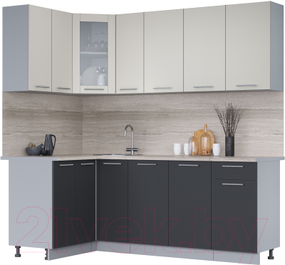 Кухонный гарнитур Интерлиния Мила 12x21 (персидский жемчуг/антрацит/травертин серый) - фото