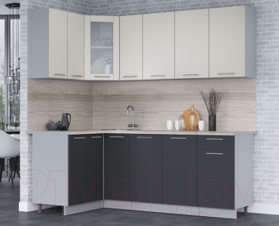 Кухонный гарнитур Интерлиния Мила 12x21 (персидский жемчуг/антрацит/травертин серый)