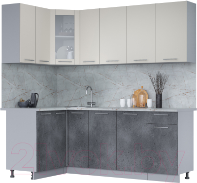 Кухонный гарнитур Интерлиния Мила 12x21 (персидский жемчуг/бетон портленд/серый каспий) - фото
