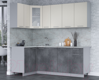 Кухонный гарнитур Интерлиния Мила 12x21 (персидский жемчуг/бетон портленд/серый каспий)