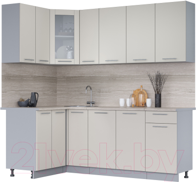 Кухонный гарнитур Интерлиния Мила 12x21 (персидский жемчуг/персидский жемчуг/травертин серый) - фото