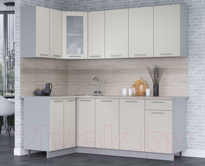 Кухонный гарнитур Интерлиния Мила 12x21 (персидский жемчуг/персидский жемчуг/травертин серый)
