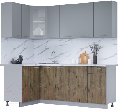 Кухонный гарнитур Интерлиния Мила 12x21 (серебро/дуб веллингтон/белый гранит) - фото