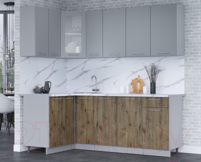 Кухонный гарнитур Интерлиния Мила 12x21 (серебро/дуб веллингтон/белый гранит)