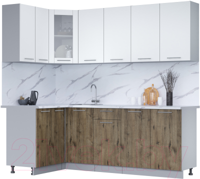 Кухонный гарнитур Интерлиния Мила 12x22 (белый платинум/дуб веллингтон/белый гранит) - фото