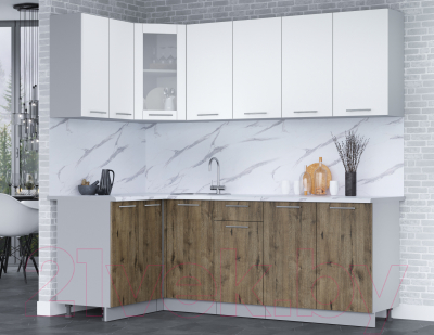 Кухонный гарнитур Интерлиния Мила 12x22 (белый платинум/дуб веллингтон/белый гранит)