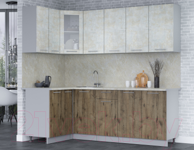 Кухонный гарнитур Интерлиния Мила 12x22 (бетон лайт/дуб веллингтон/опал светлый)