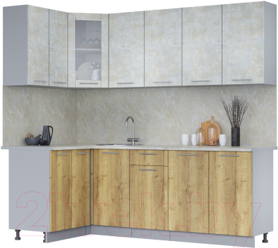 Кухонный гарнитур Интерлиния Мила 12x22 (бетон лайт/дуб золотой/опал светлый) - фото