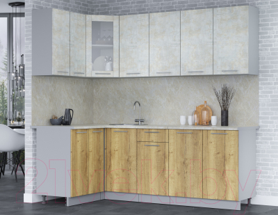 Кухонный гарнитур Интерлиния Мила 12x22 (бетон лайт/дуб золотой/опал светлый)