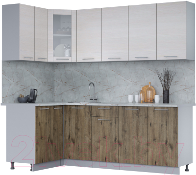 Кухонный гарнитур Интерлиния Мила 12x22 (вудлайн кремовый/дуб веллингтон/серый каспий) - фото