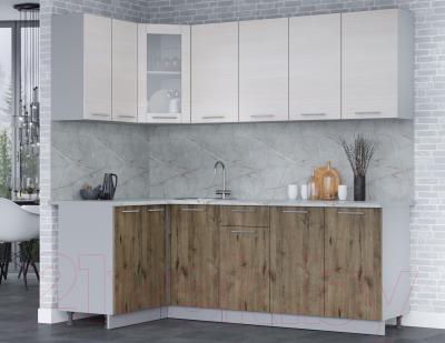 Кухонный гарнитур Интерлиния Мила 12x22 (вудлайн кремовый/дуб веллингтон/серый каспий)