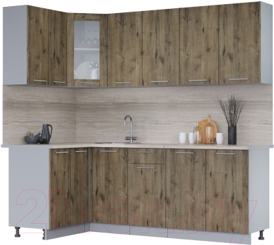 Кухонный гарнитур Интерлиния Мила 12x22 (дуб веллингтон/дуб веллингтон/травертин серый) - фото