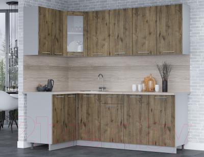 Кухонный гарнитур Интерлиния Мила 12x22 (дуб веллингтон/дуб веллингтон/травертин серый)