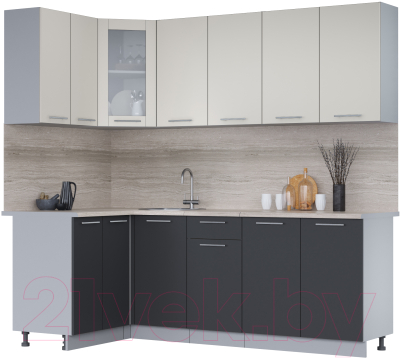 Кухонный гарнитур Интерлиния Мила 12x22 (персидский жемчуг/антрацит/травертин серый) - фото