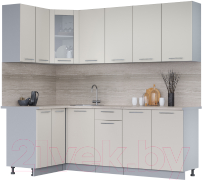 Кухонный гарнитур Интерлиния Мила 12x22 (персидский жемчуг/персидский жемчуг/травертин серый) - фото