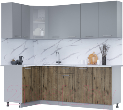 Кухонный гарнитур Интерлиния Мила 12x22 (серебро/дуб веллингтон/белый гранит) - фото