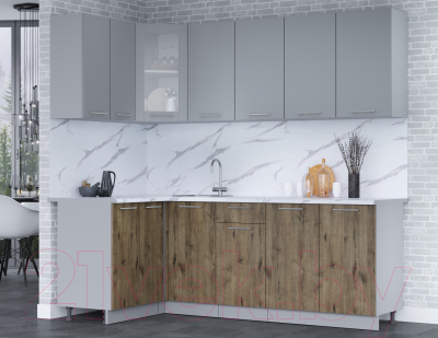 Кухонный гарнитур Интерлиния Мила 12x22 (серебро/дуб веллингтон/белый гранит)