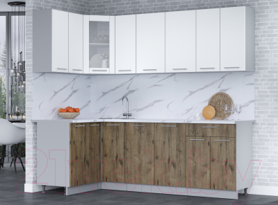 Кухонный гарнитур Интерлиния Мила 12x23 (белый платинум/дуб веллингтон/белый гранит)