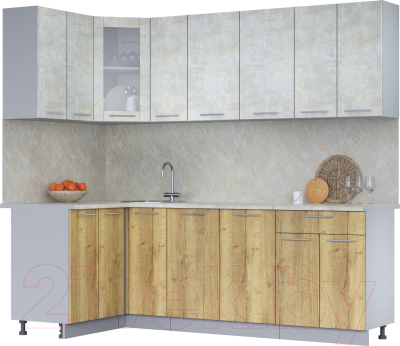 Кухонный гарнитур Интерлиния Мила 12x23 (бетон лайт/дуб золотой/опал светлый) - фото
