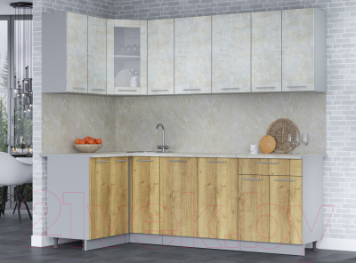 Кухонный гарнитур Интерлиния Мила 12x23 (бетон лайт/дуб золотой/опал светлый)
