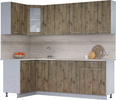 Кухонный гарнитур Интерлиния Мила 12x23 (дуб веллингтон/дуб веллингтон/травертин серый) - фото