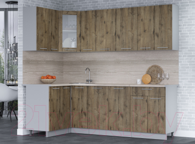 Кухонный гарнитур Интерлиния Мила 12x23 (дуб веллингтон/дуб веллингтон/травертин серый)