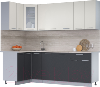 Кухонный гарнитур Интерлиния Мила 12x23 (персидский жемчуг/антрацит/травертин серый) - фото