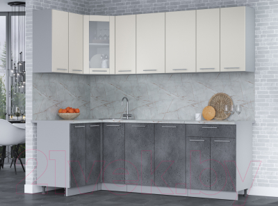 Кухонный гарнитур Интерлиния Мила 12x23 (персидский жемчуг/бетон портленд/серый каспий)