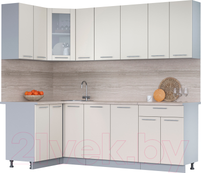Кухонный гарнитур Интерлиния Мила 12x23 (персидский жемчуг/персидский жемчуг/травертин серый) - фото