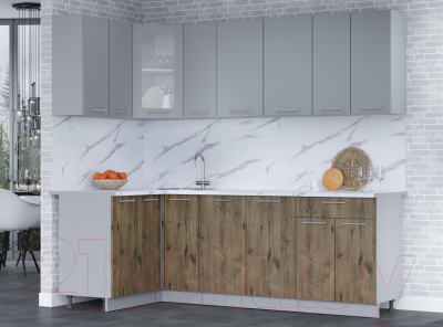Кухонный гарнитур Интерлиния Мила 12x23 (серебро/дуб веллингтон/белый гранит)