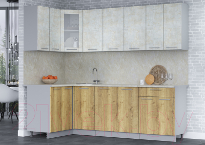 Кухонный гарнитур Интерлиния Мила 12x24 (бетон лайт/дуб золотой/опал светлый)