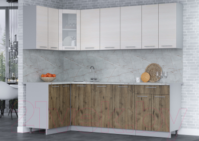 Кухонный гарнитур Интерлиния Мила 12x24 (вудлайн кремовый/дуб веллингтон/серый каспий)