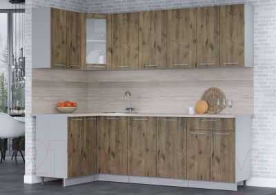 Кухонный гарнитур Интерлиния Мила 12x24 (дуб веллингтон/дуб веллингтон/травертин серый)