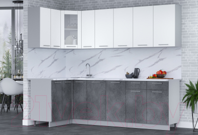 Кухонный гарнитур Интерлиния Мила 12x25 (белый платинум/бетон портленд/белый гранит)