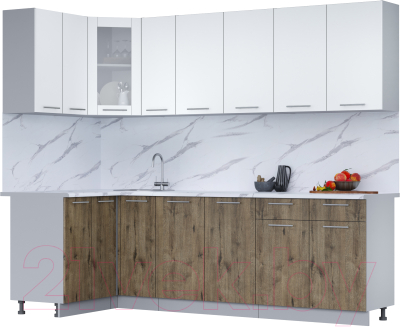 Кухонный гарнитур Интерлиния Мила 12x25 (белый платинум/дуб веллингтон/белый гранит) - фото