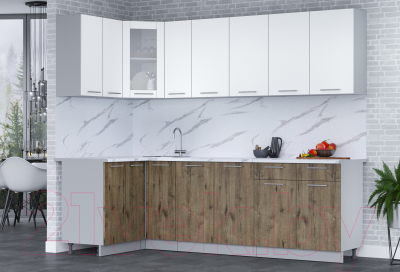 Кухонный гарнитур Интерлиния Мила 12x25 (белый платинум/дуб веллингтон/белый гранит)