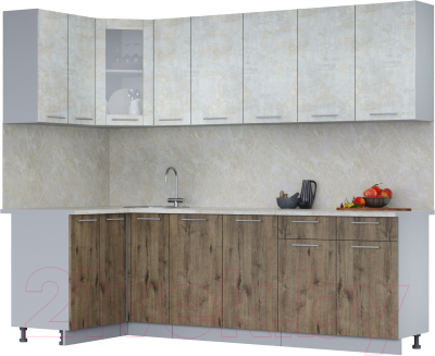 Кухонный гарнитур Интерлиния Мила 12x25 (бетон лайт/дуб веллингтон/опал светлый) - фото
