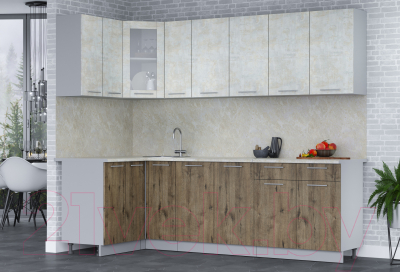Кухонный гарнитур Интерлиния Мила 12x25 (бетон лайт/дуб веллингтон/опал светлый)