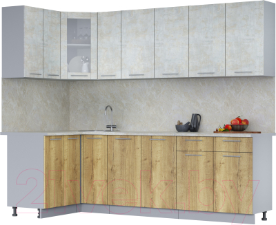 Кухонный гарнитур Интерлиния Мила 12x25 (бетон лайт/дуб золотой/опал светлый) - фото