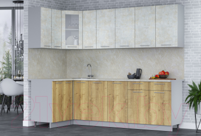 Кухонный гарнитур Интерлиния Мила 12x25 (бетон лайт/дуб золотой/опал светлый)