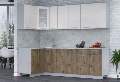 Кухонный гарнитур Интерлиния Мила 12x25 (вудлайн кремовый/дуб веллингтон/серый каспий)