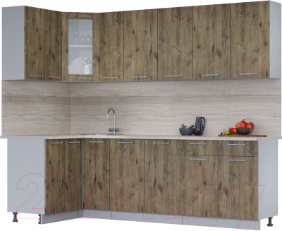 Кухонный гарнитур Интерлиния Мила 12x25 (дуб веллингтон/дуб веллингтон/травертин серый) - фото