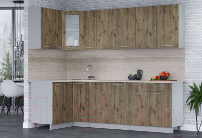 Кухонный гарнитур Интерлиния Мила 12x25 (дуб веллингтон/дуб веллингтон/травертин серый)