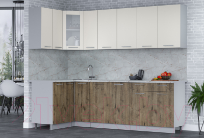 Кухонный гарнитур Интерлиния Мила 12x25 (персидский жемчуг/дуб веллингтон/серый каспий)