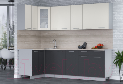 Кухонный гарнитур Интерлиния Мила 12x25 (персидский жемчуг/антрацит/травертин серый)