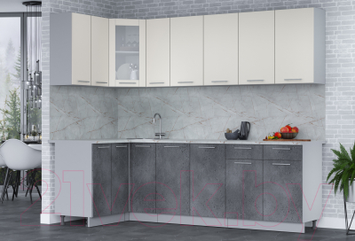 Кухонный гарнитур Интерлиния Мила 12x25 (персидский жемчуг/бетон портленд/серый каспий)