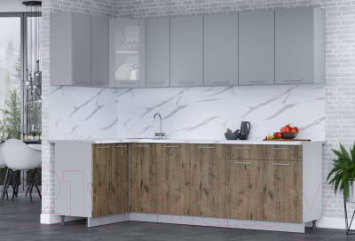 Кухонный гарнитур Интерлиния Мила 12x25 (серебро/дуб веллингтон/белый гранит)