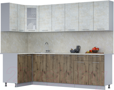 Кухонный гарнитур Интерлиния Мила 12x26 (бетон лайт/дуб веллингтон/опал светлый) - фото